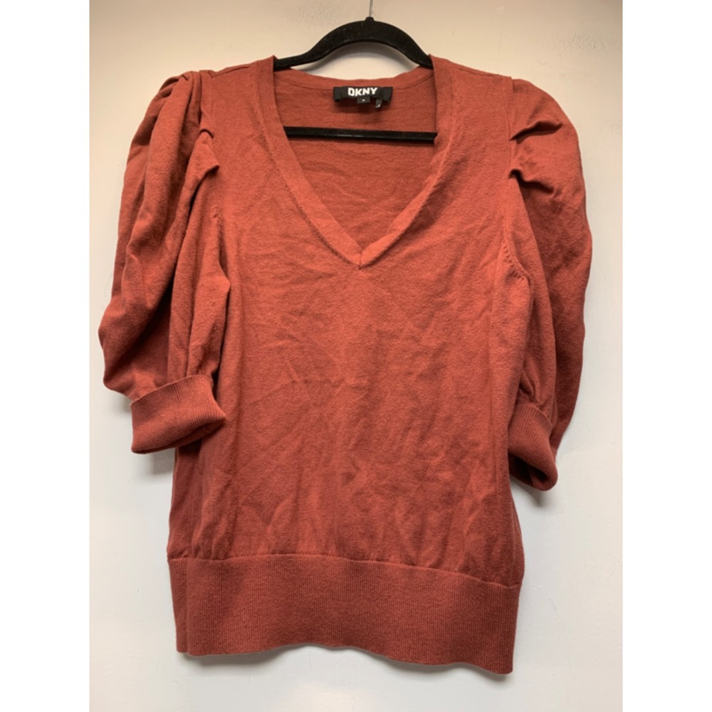DKNY Knit Top Womens Medium Rust Excellent Puff Sleeve V-Neck 3/4 Sleeve‎ 12113